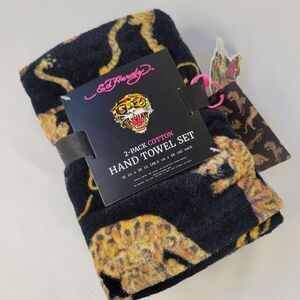 Set of 2 Ed Hardy Hand Towels Tiger 100% Cotton 16x26" Black Gold Signature Dorm